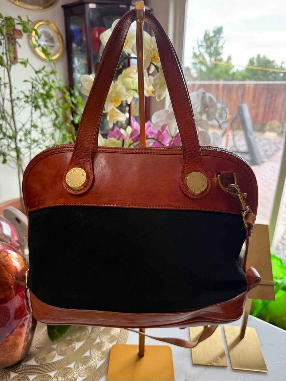 Dooney & Bourke Black Canvas Satchel with Brown Leather Trim